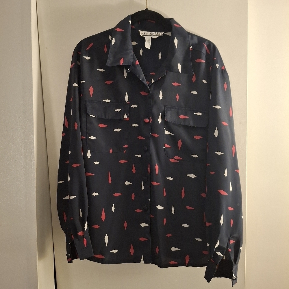 SK & Company Women's Dark Blue Long Sleeve Shirt with Red and White Accents